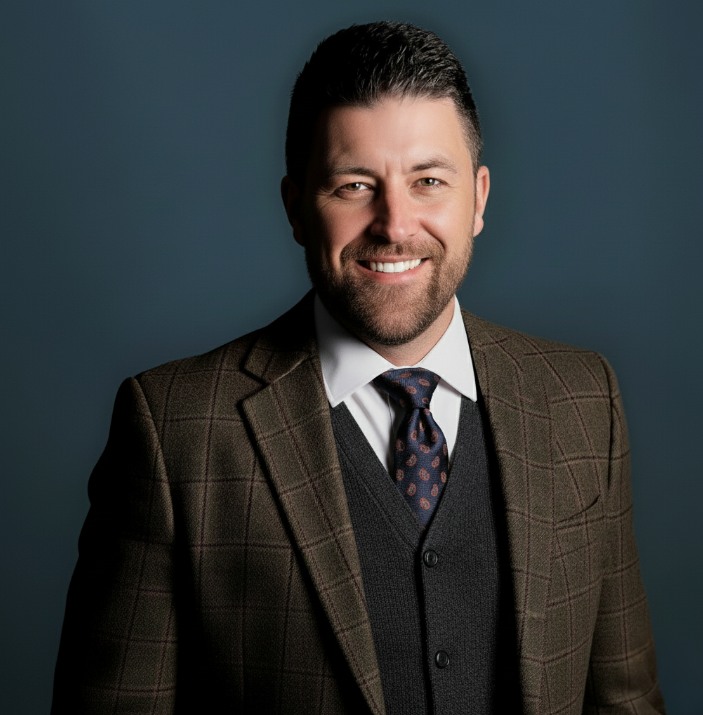 Kyle Henderson in a brown checked jacket, white shirt, and tie.